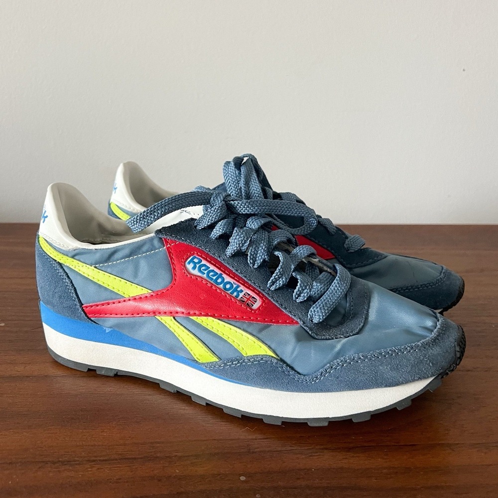 Reebok Aztec Classic Nylon Runner UK 6.5 Blue Yellow‎ Retro Sneakers Shoes